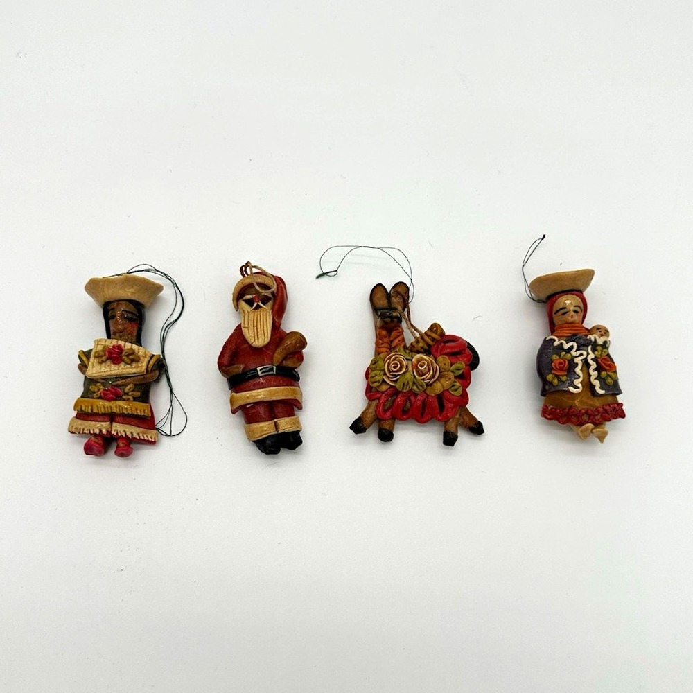 Vintage Peruvian Bread Dough Christmas Ornaments Santa Llama Folk Art Lot 4